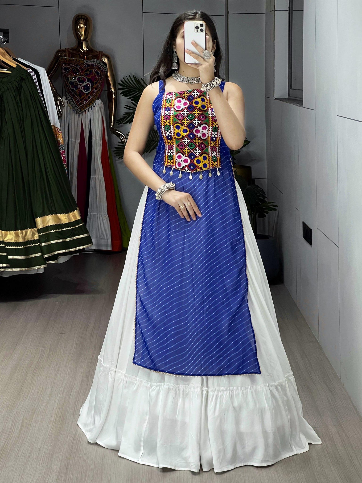 NAVRATRI SPECIAL LEHERIYA PRINT BLUE KURTIS WITH TRADITIONAL LEHENGA SET