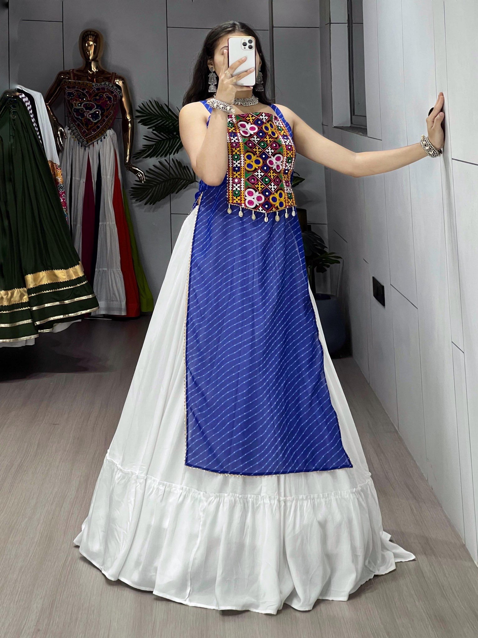 NAVRATRI SPECIAL LEHERIYA PRINT BLUE KURTIS WITH TRADITIONAL LEHENGA SET