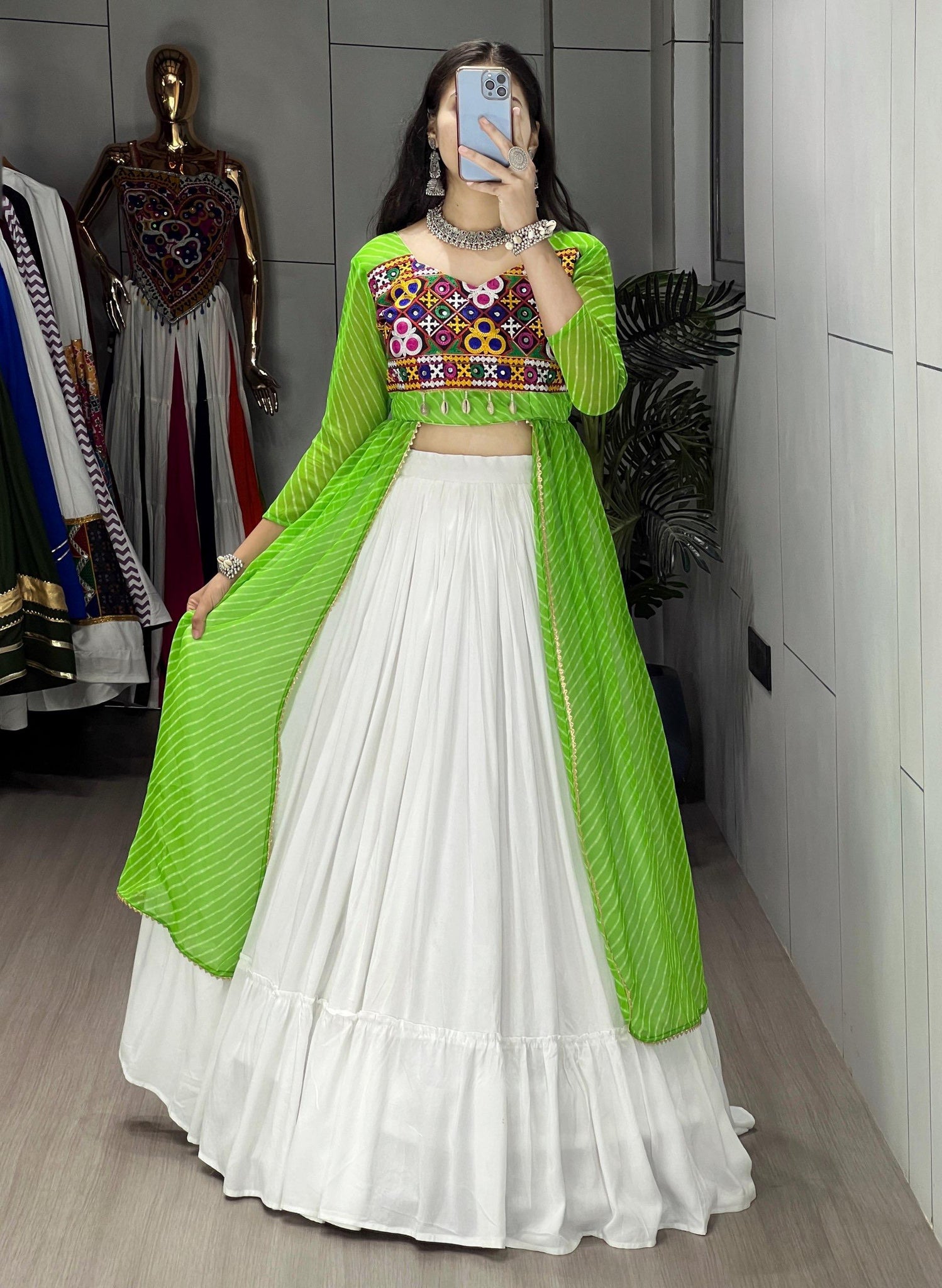 NAVRATRI SPECIAL LEHERIYA PRINT PARROT KURTIS WITH TRADITIONAL LEHENGA SET
