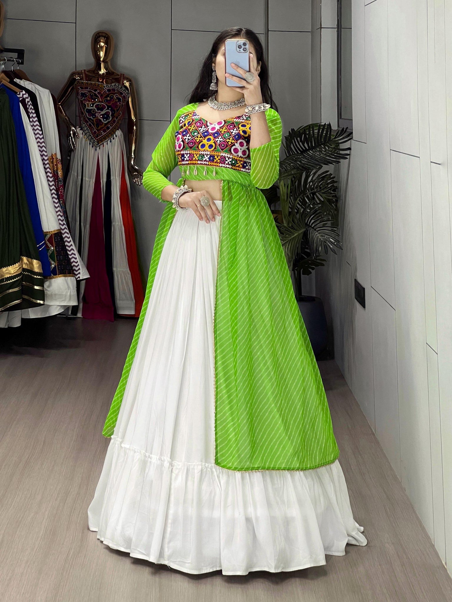 NAVRATRI SPECIAL LEHERIYA PRINT PARROT KURTIS WITH TRADITIONAL LEHENGA SET