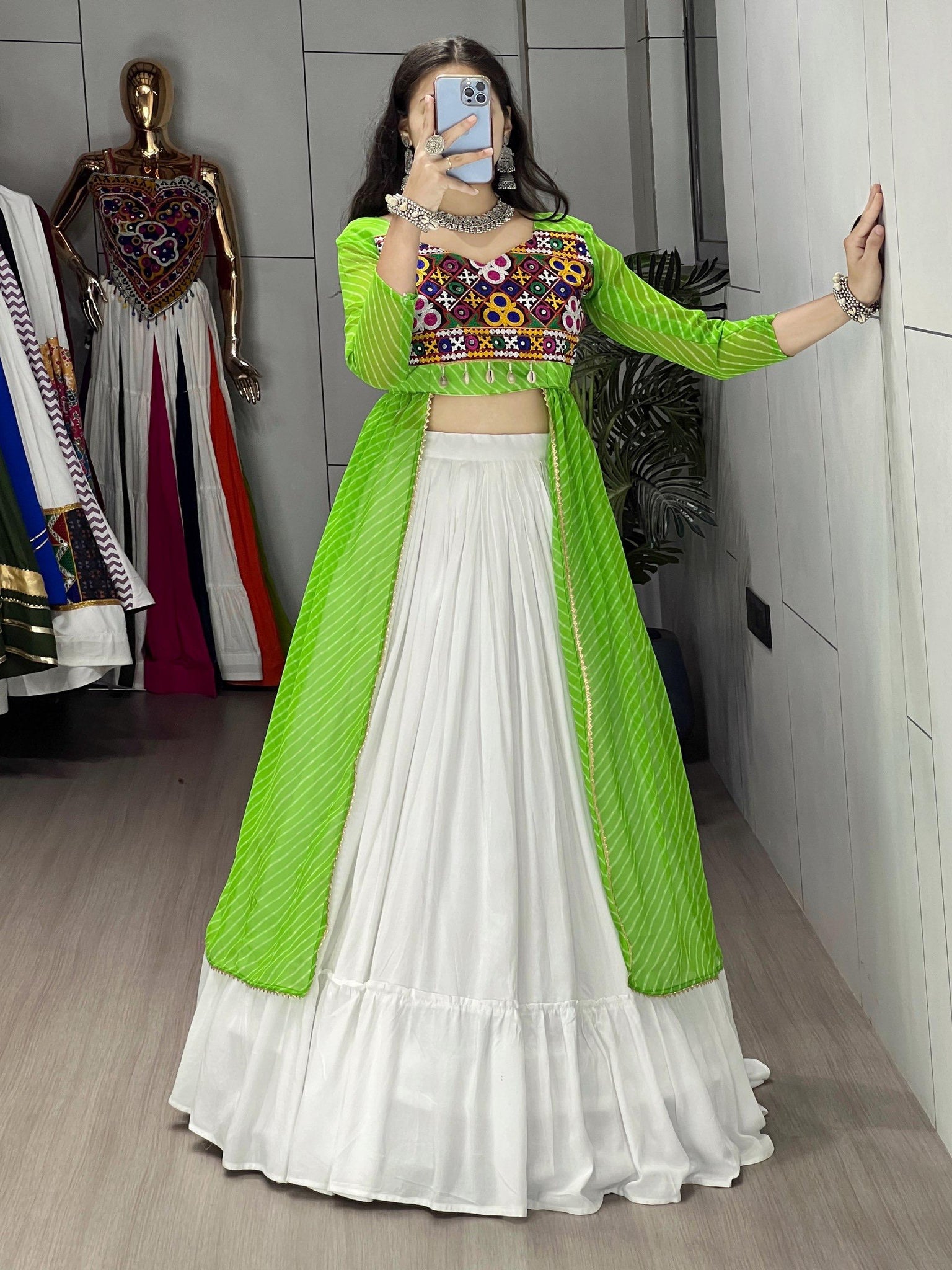 NAVRATRI SPECIAL LEHERIYA PRINT PARROT KURTIS WITH TRADITIONAL LEHENGA SET