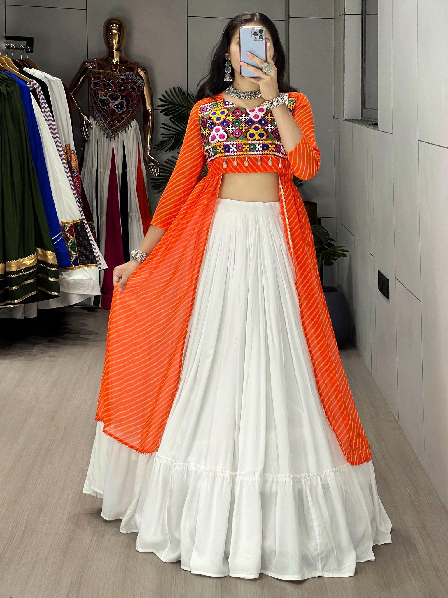 NAVRATRI SPECIAL LEHERIYA PRINT ORANGE KURTIS WITH TRADITIONAL LEHENGA SET