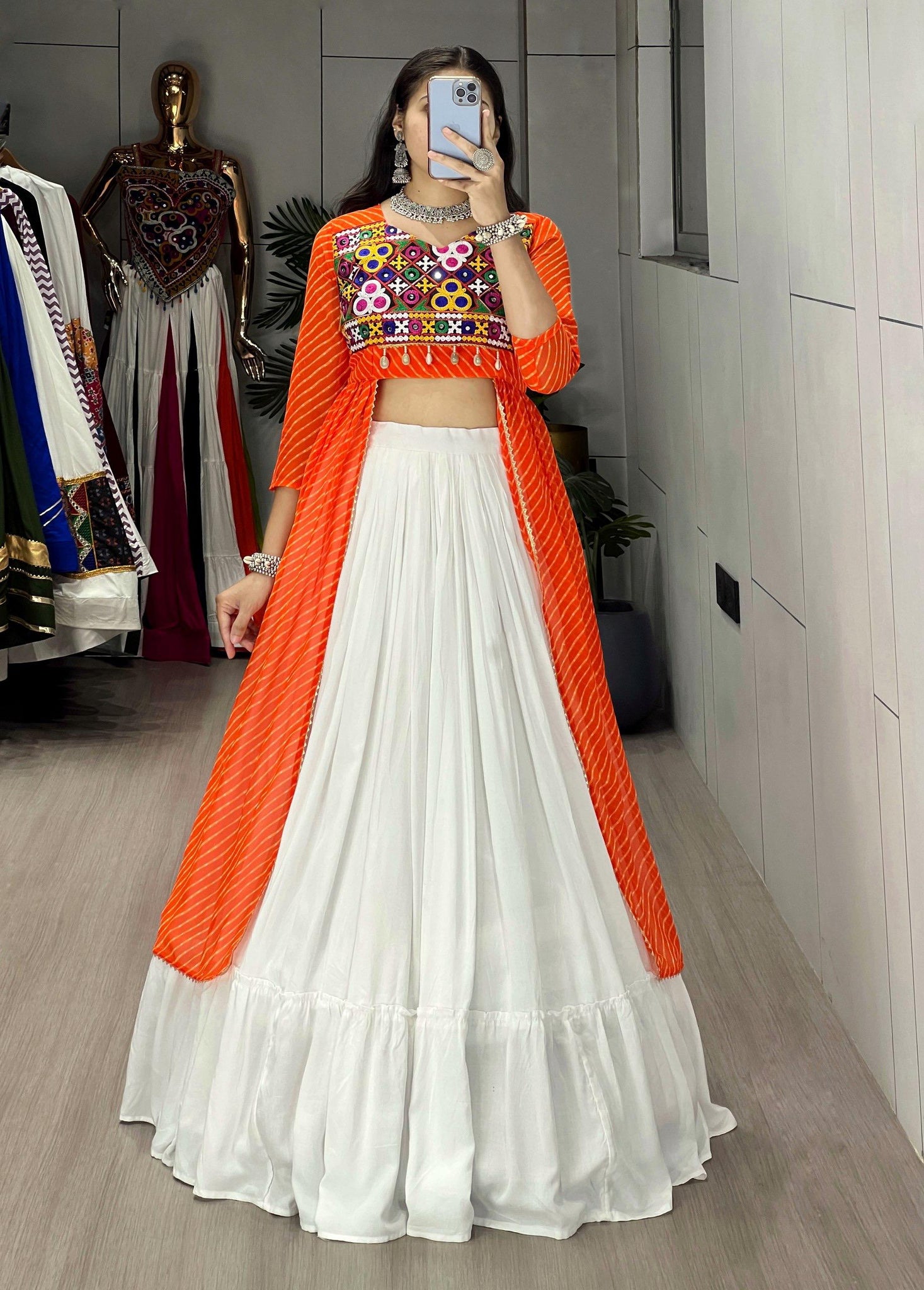 NAVRATRI SPECIAL LEHERIYA PRINT ORANGE KURTIS WITH TRADITIONAL LEHENGA SET
