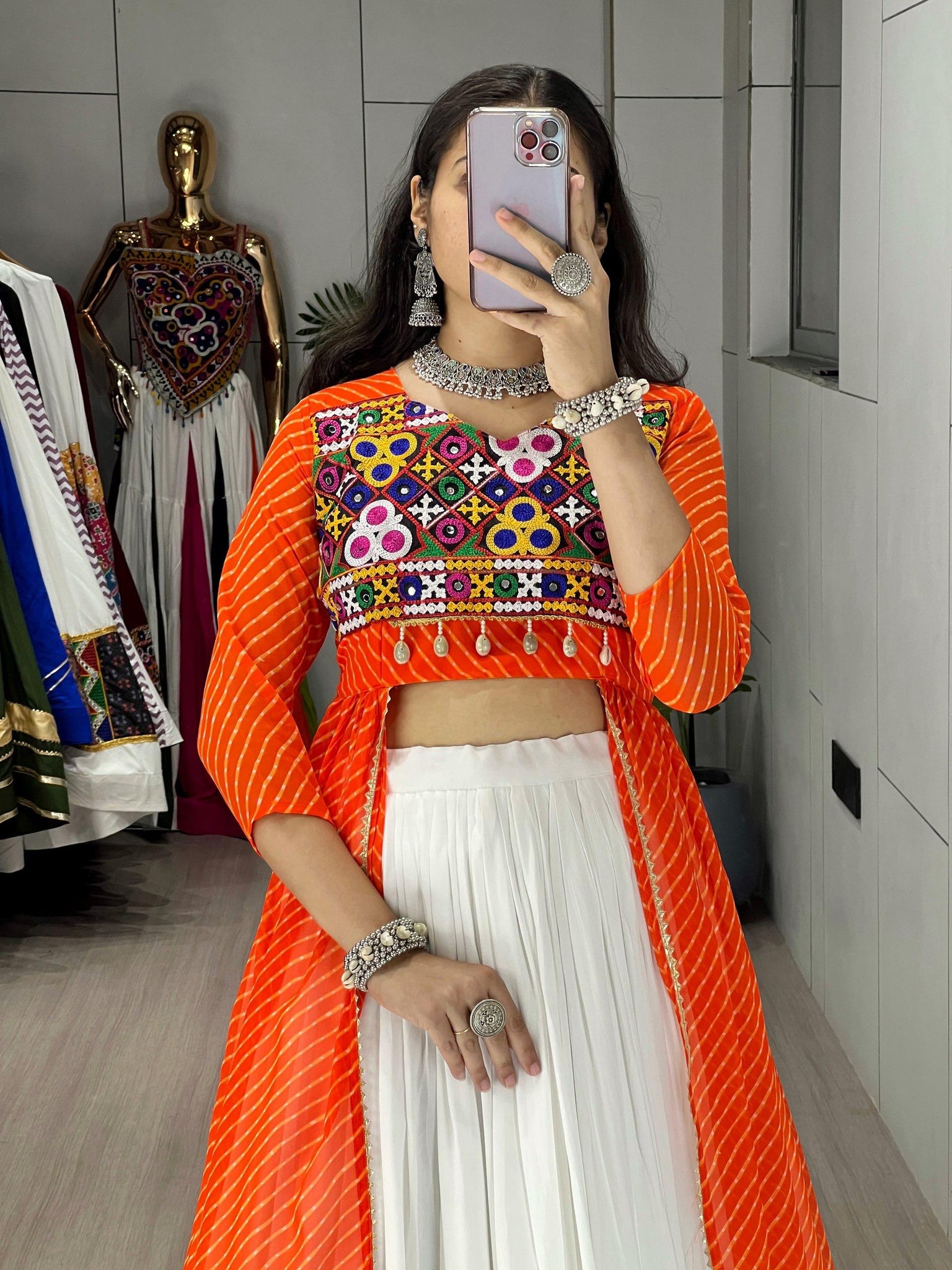 NAVRATRI SPECIAL LEHERIYA PRINT ORANGE KURTIS WITH TRADITIONAL LEHENGA SET