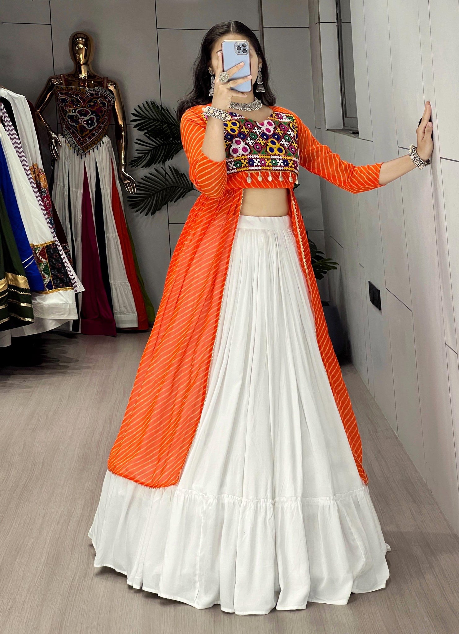 NAVRATRI SPECIAL LEHERIYA PRINT ORANGE KURTIS WITH TRADITIONAL LEHENGA SET
