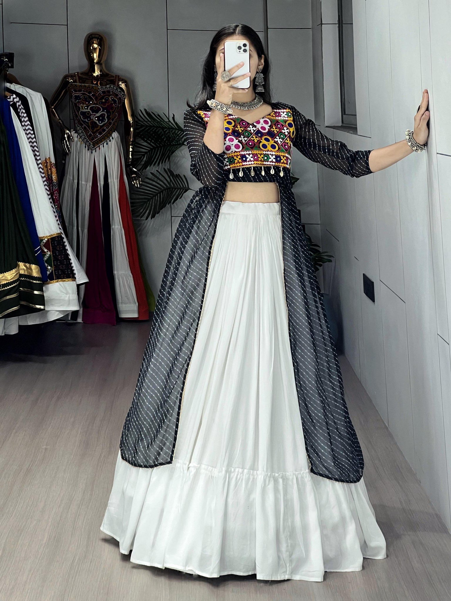 NAVRATRI SPECIAL LEHERIYA PRINT BLACK KURTIS WITH TRADITIONAL LEHENGA SET