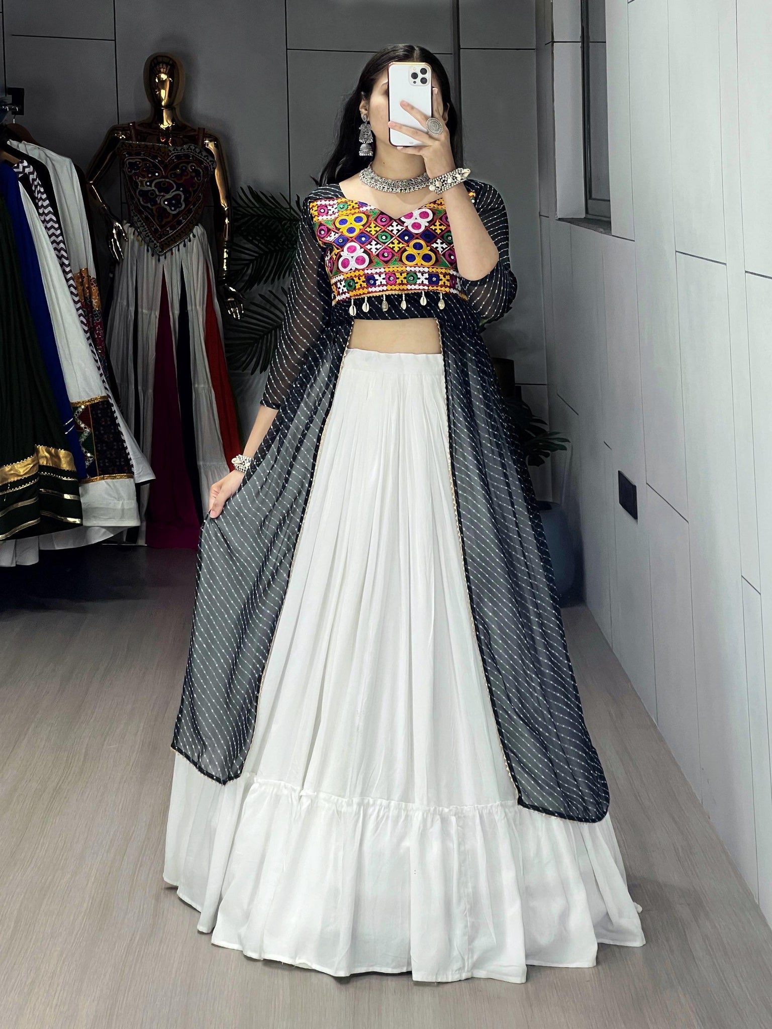 NAVRATRI SPECIAL LEHERIYA PRINT BLACK KURTIS WITH TRADITIONAL LEHENGA SET