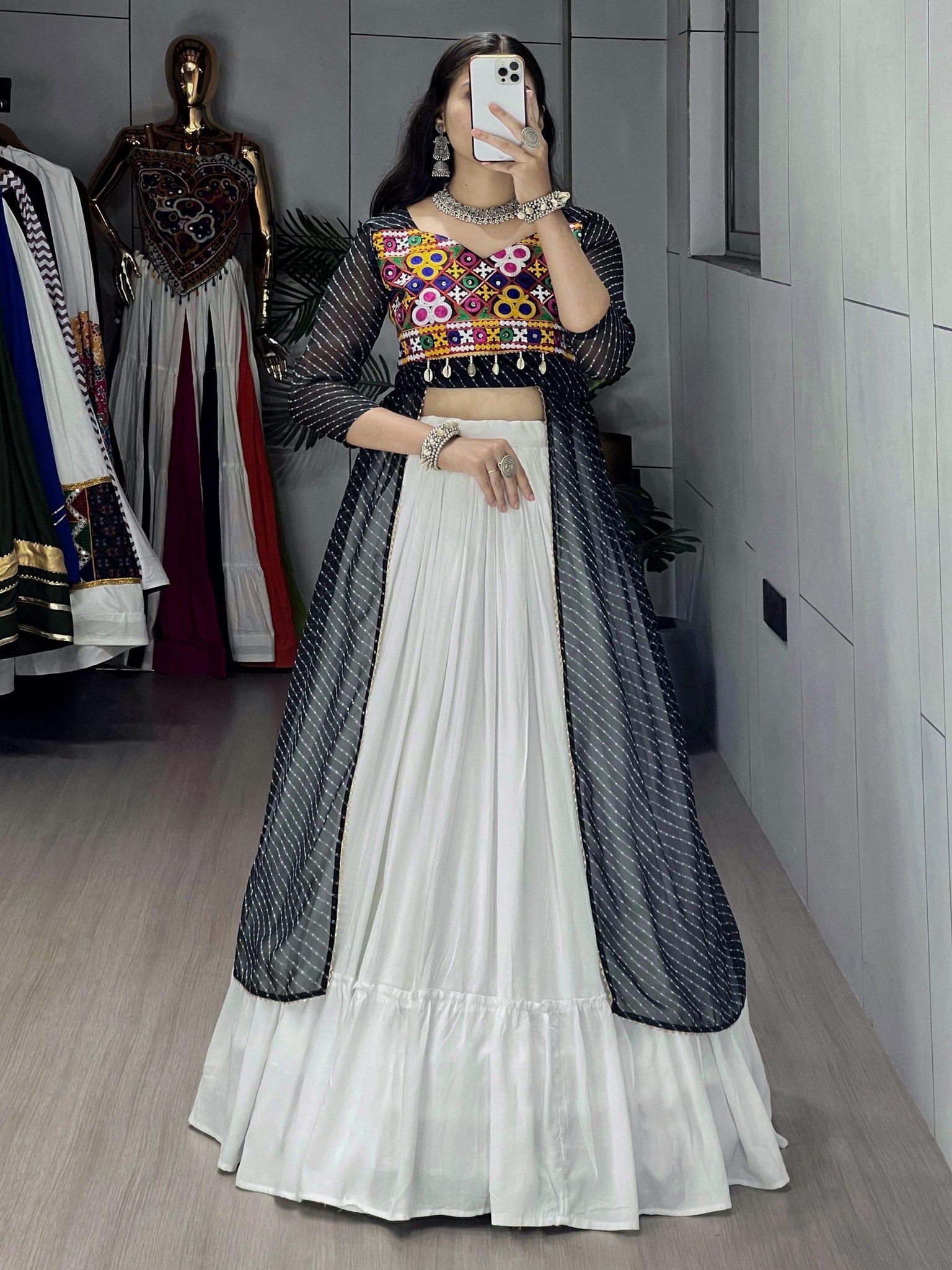 NAVRATRI SPECIAL LEHERIYA PRINT BLACK KURTIS WITH TRADITIONAL LEHENGA SET