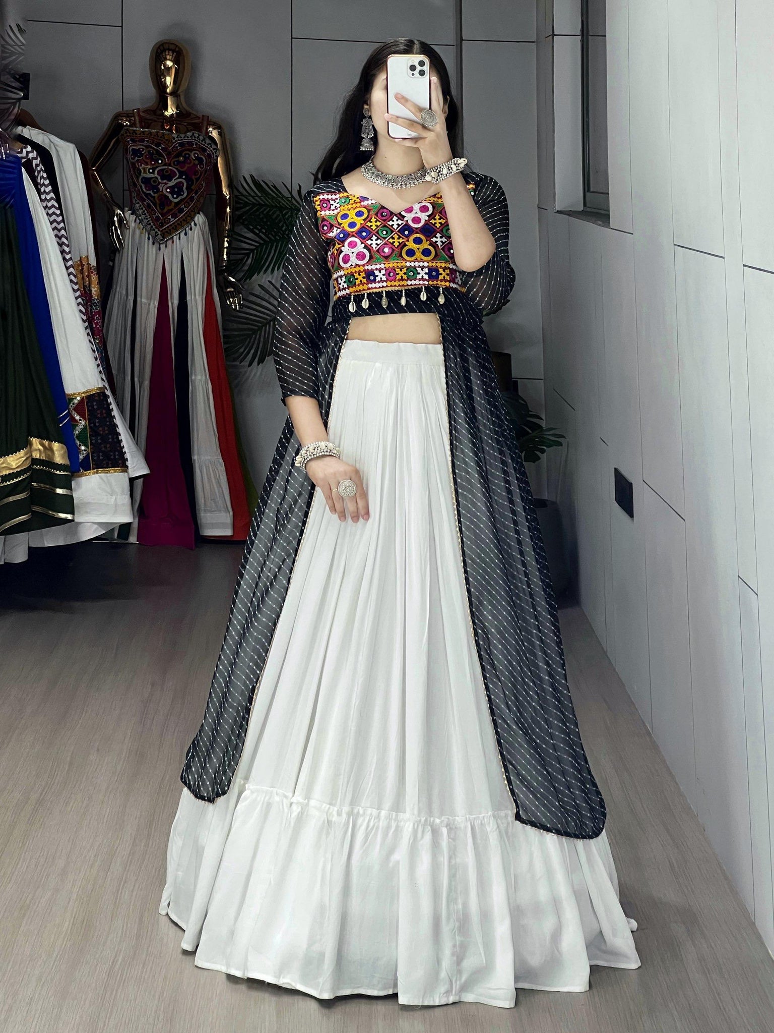NAVRATRI SPECIAL LEHERIYA PRINT BLACK KURTIS WITH TRADITIONAL LEHENGA SET