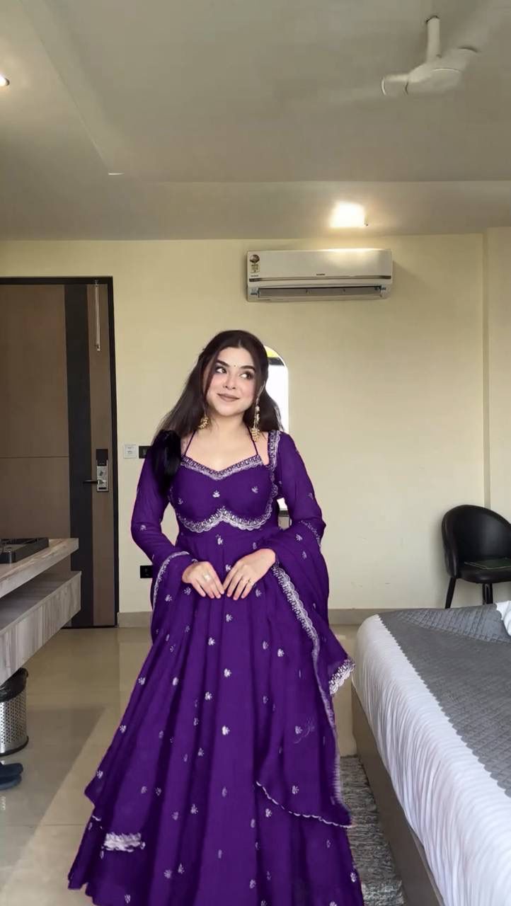PREMIUM FAUX GEORGETTE PURPLE ANARKALI WITH THREAD & SEQUENCE WORK