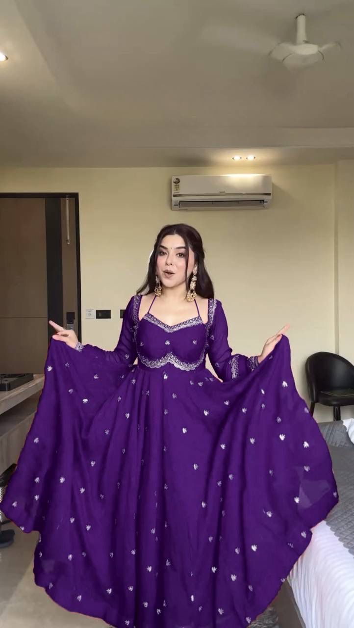PREMIUM FAUX GEORGETTE PURPLE ANARKALI WITH THREAD & SEQUENCE WORK