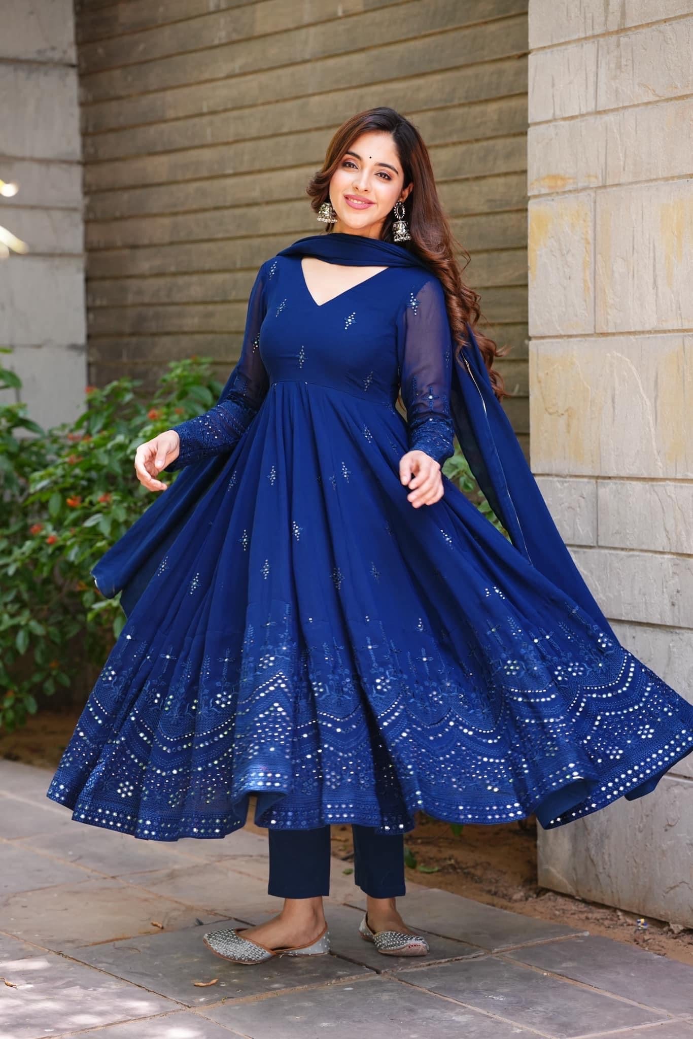 COBALT BLUE GEORGETTE BASE ANARKALI SUIT SET OF 3 – Fabvilla