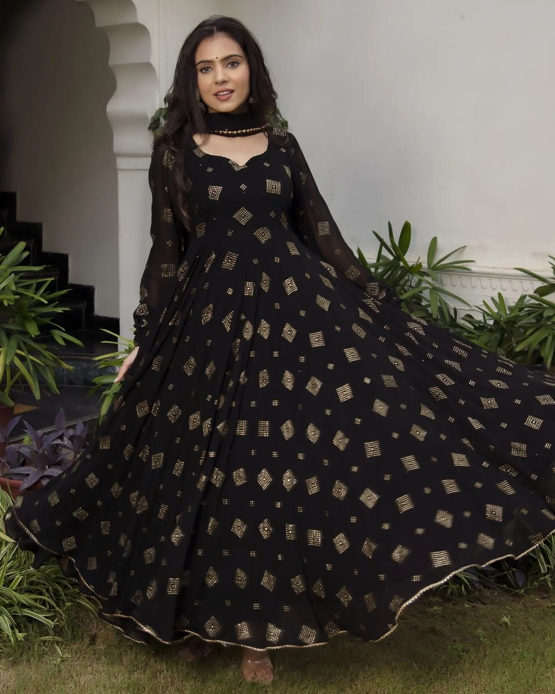 Charcoal Black Georgette Base Designer Anarkali Suit With Churidar Set Of 3