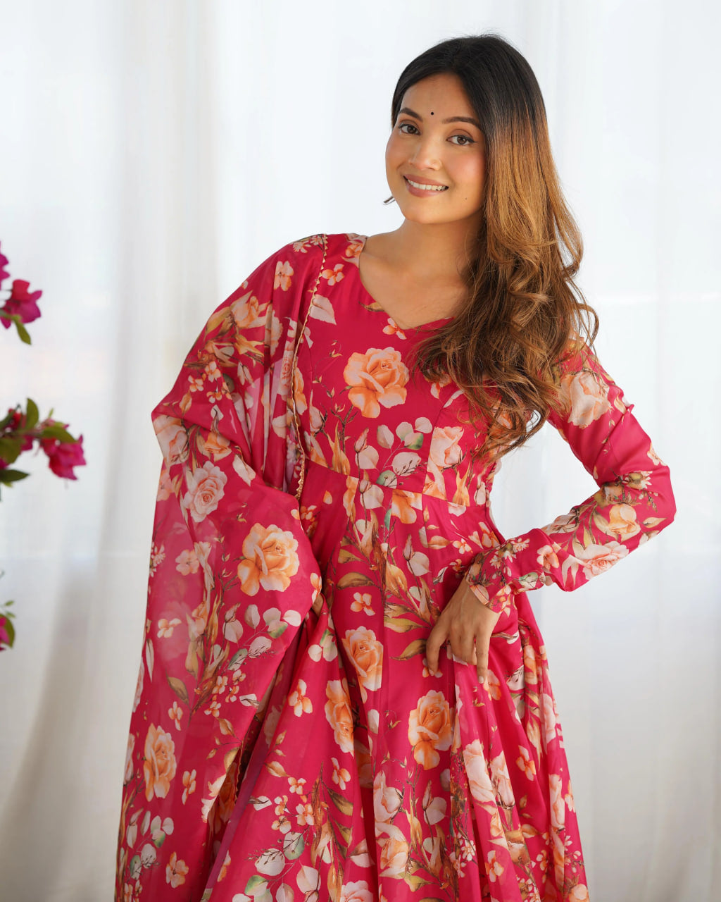 PINK PURE SOFT ORGANZA ANARKALI SUIT SET WITH HUGE FLAIR, DUPATTA & PANT