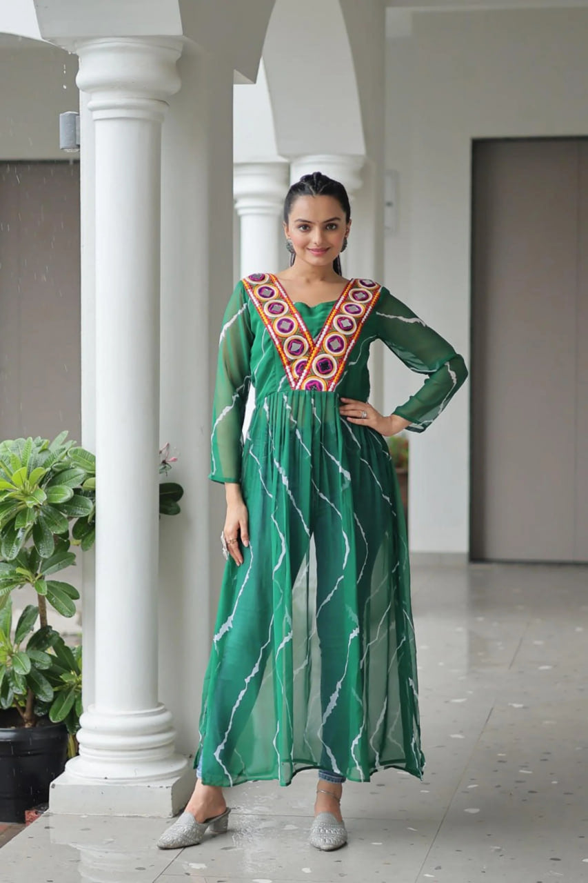 GREEN LEHERIYA NAVRATRI KURTI WITH
