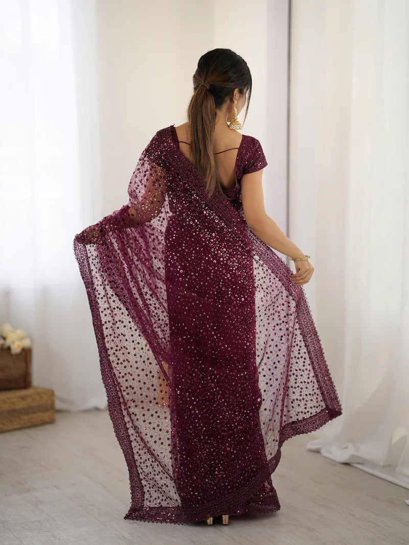 MAROON SOFT NET BEAUTIFUL DESIGNER SAREE