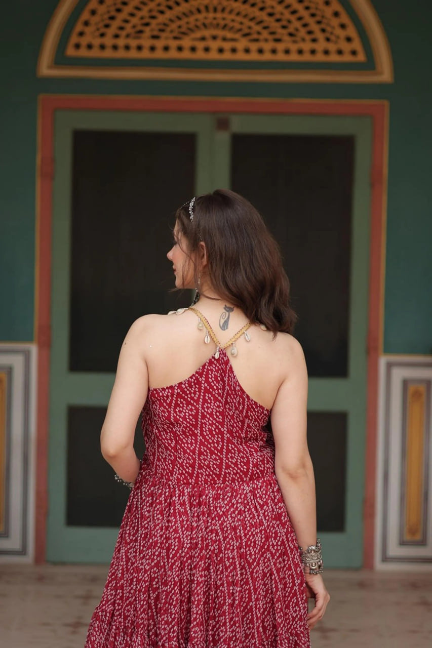 CHERRY RED BANDHANI PRINT 12-METER FLARED GOWN
