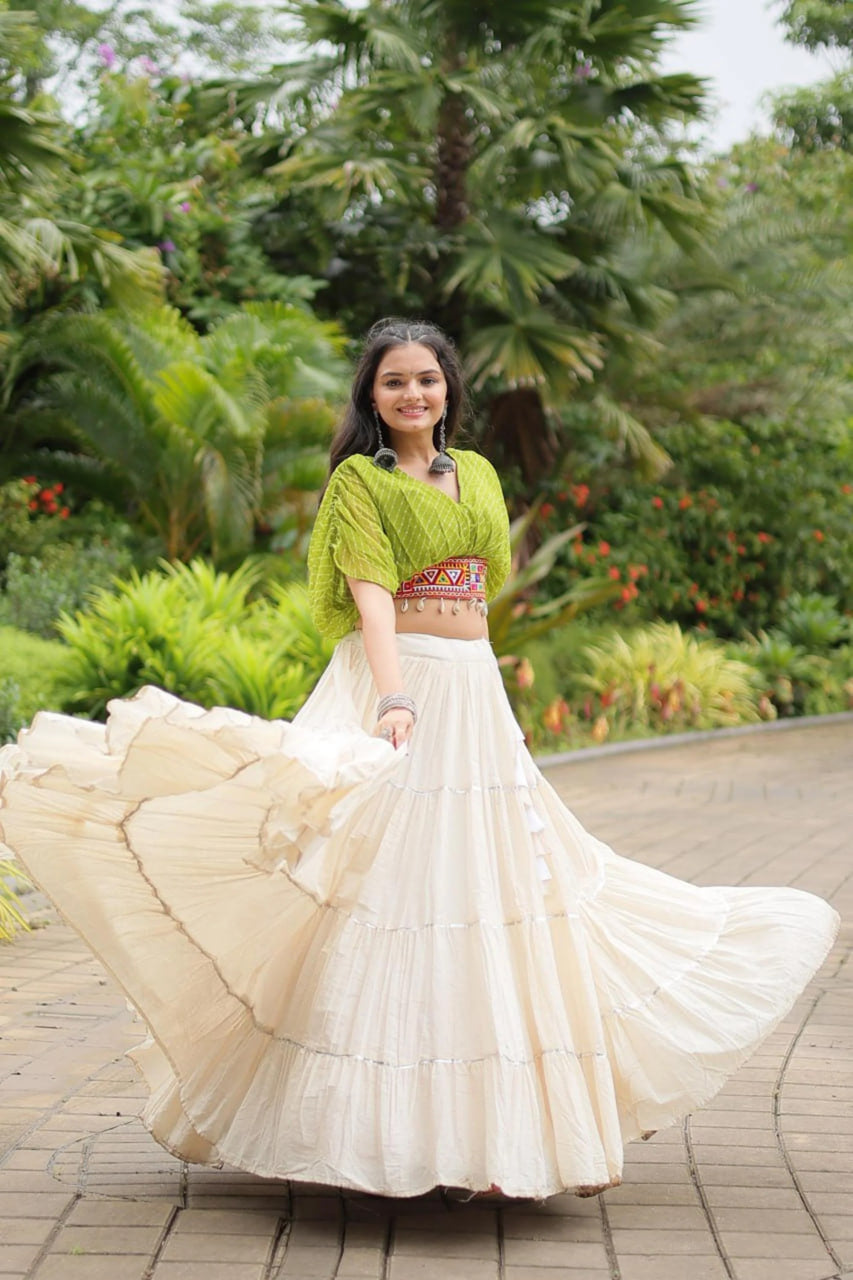12-Meter Huge Flared Lehenga with Parrot Green Designer Blouse