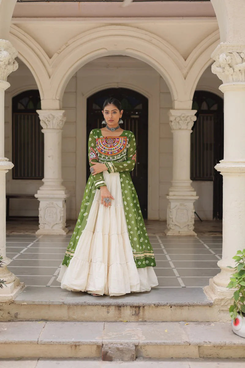 NAVRATRI SPECIAL GREEN COLOR KORA COTTON BASE STYLISH KURTI WITH LEHENGA