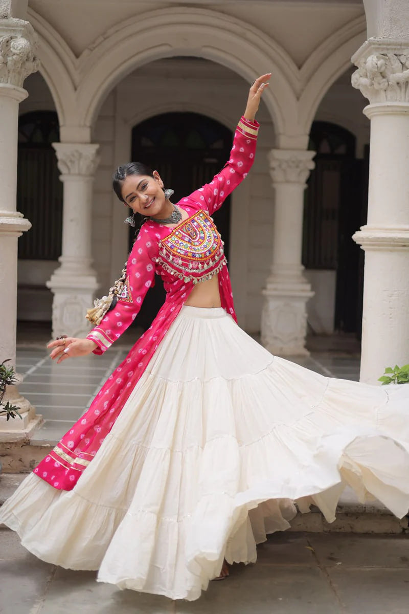 NAVRATRI SPECIAL PINK COLOR KORA COTTON BASE STYLISH KURTI WITH LEHENGA