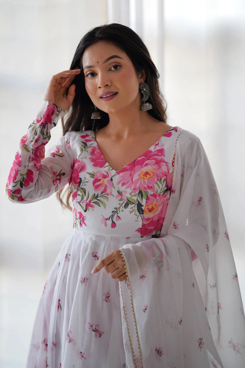 GET READY TO TURN HEADS WITH THIS ELEGANT WHITE FLORAL PRINT ANARKALI SET