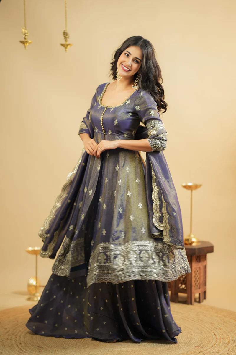 ELEGANT GREY COSMO SILK ANARKALI SUIT WITH SKIRT
