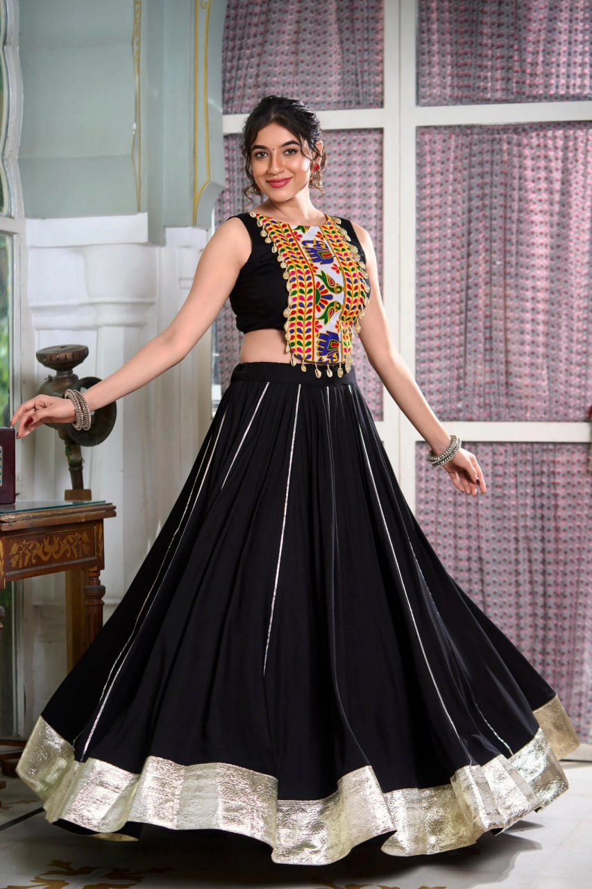 NAVRATRI SPECIAL BLACK RAYON LEHENGA WITH GAMTHI WORK BLOUSE