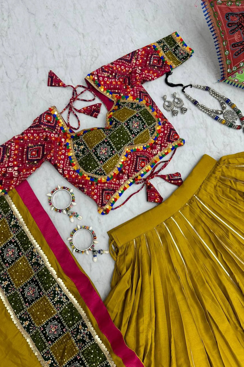 MUSTARD COTTON CHANIYA CHOLI SET WITH GAMATHI DUPATTA