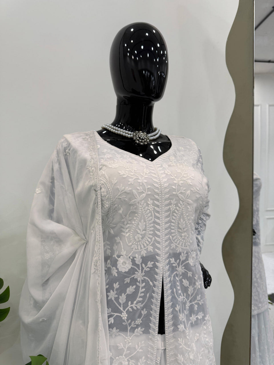 GRACEFULWHITE FOUX GEORGETTE PLAZZO SET WITH DESIGNER TOUCH