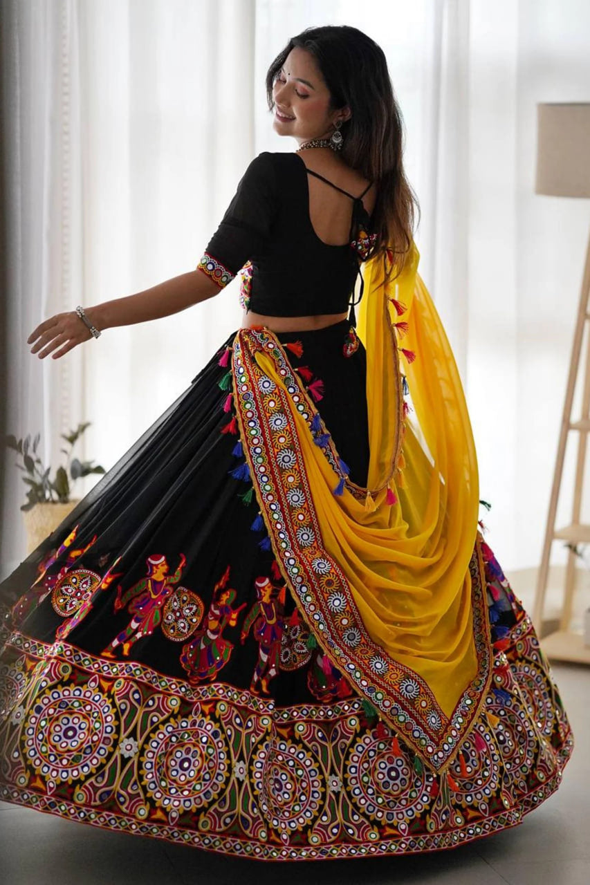 BLACK FAUX GEORGETTE CHANIYA CHOLI WITH ORIGINAL MIRROR WORK