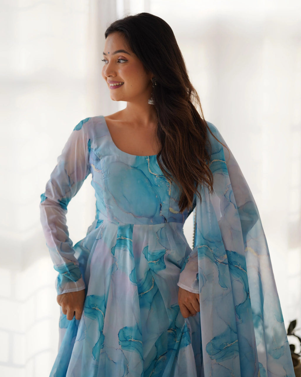 SKY PURE SOFT ORGANZA ANARKALI SUIT SET WITH HUGE FLAIR, DUPATTA & PANT