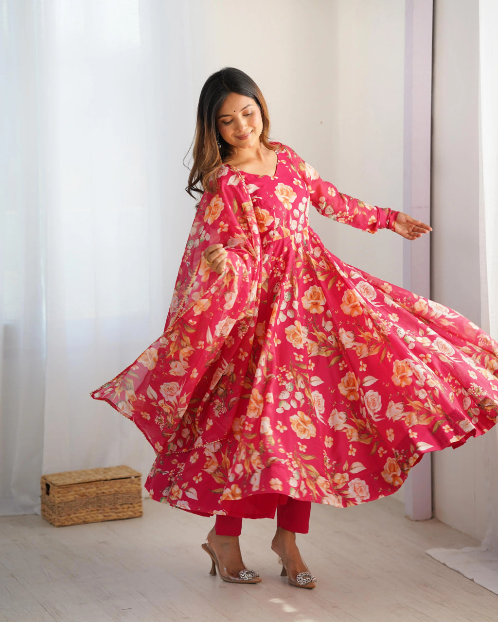 PINK PURE SOFT ORGANZA ANARKALI SUIT SET WITH HUGE FLAIR, DUPATTA & PANT