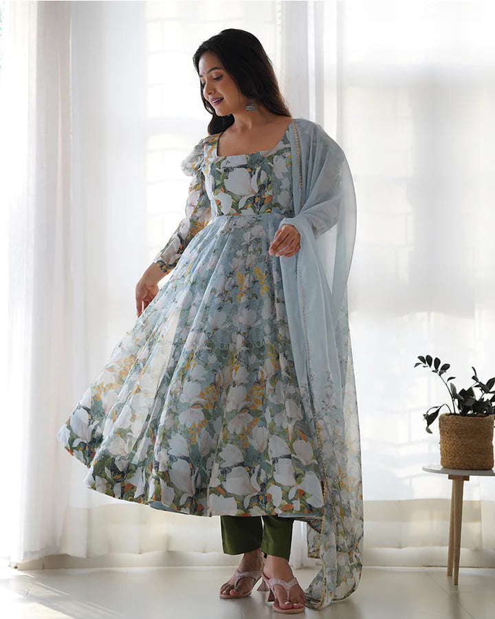 GREEN COLOR PURE SOFT ORGANZA THREE PIECE ANARKALI SUIT