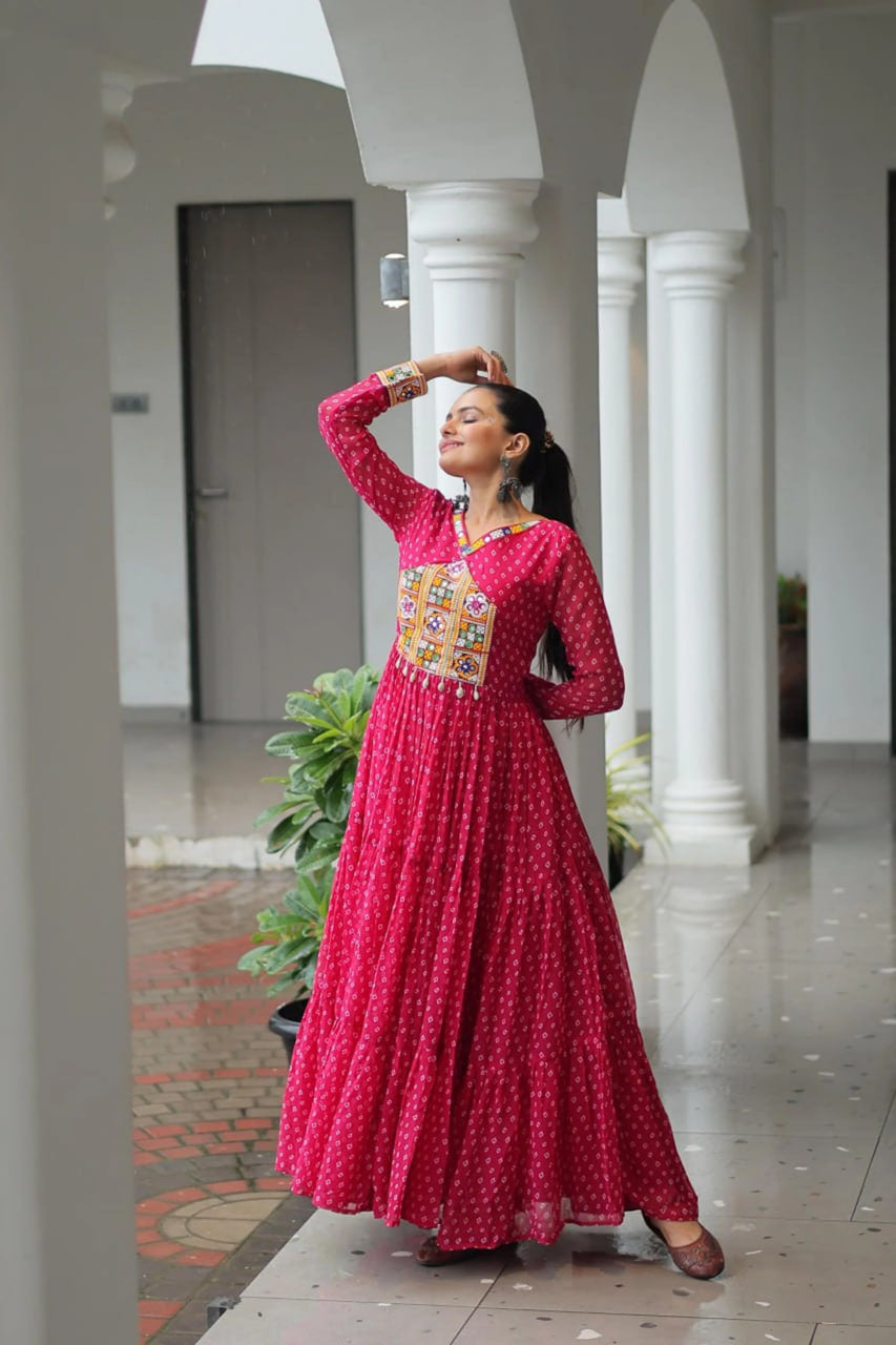 NAVRATRI SPECIAL PINK BANDHANI PRINT 12 METER FLARED GOWN
