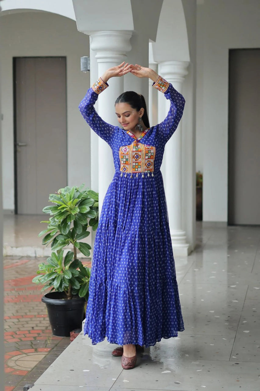 NAVRATRI SPECIAL BLUE BANDHANI PRINT 12 METER FLARED GOWN