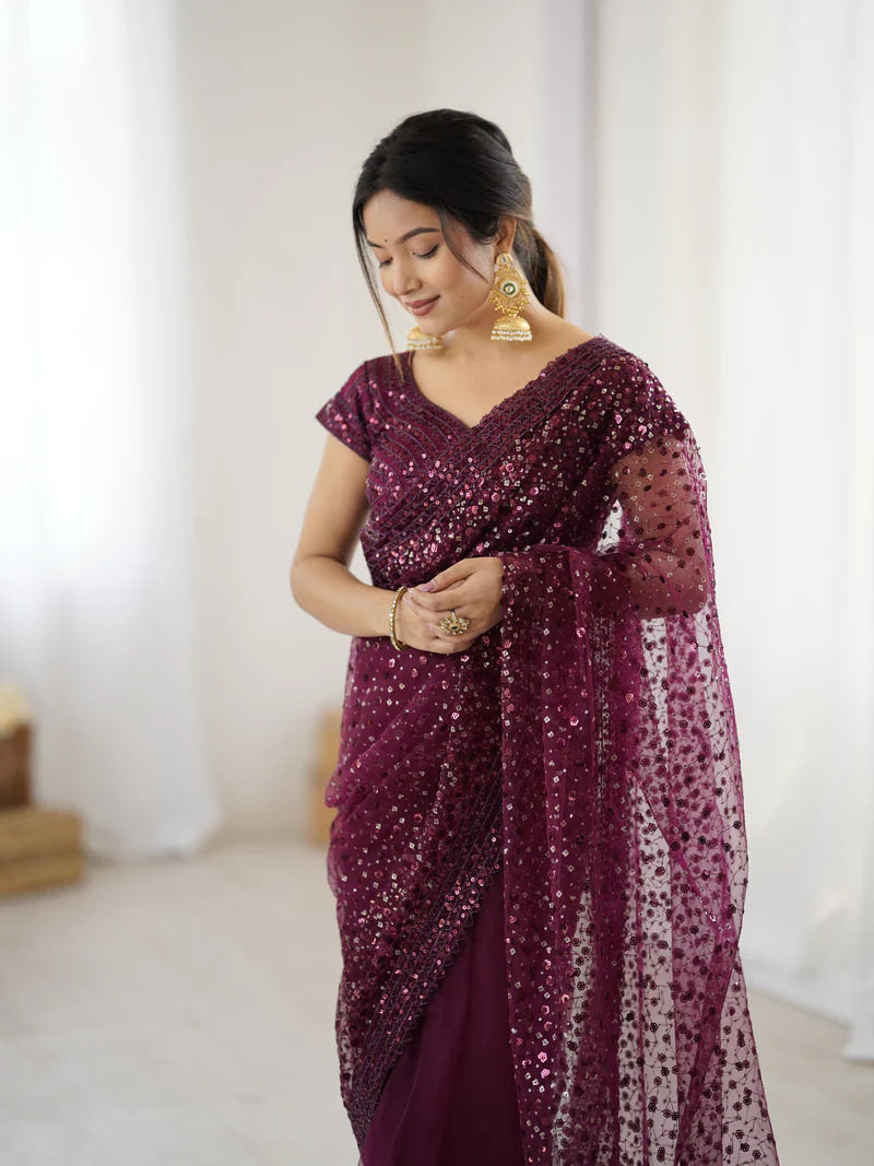 MAROON SOFT NET BEAUTIFUL DESIGNER SAREE