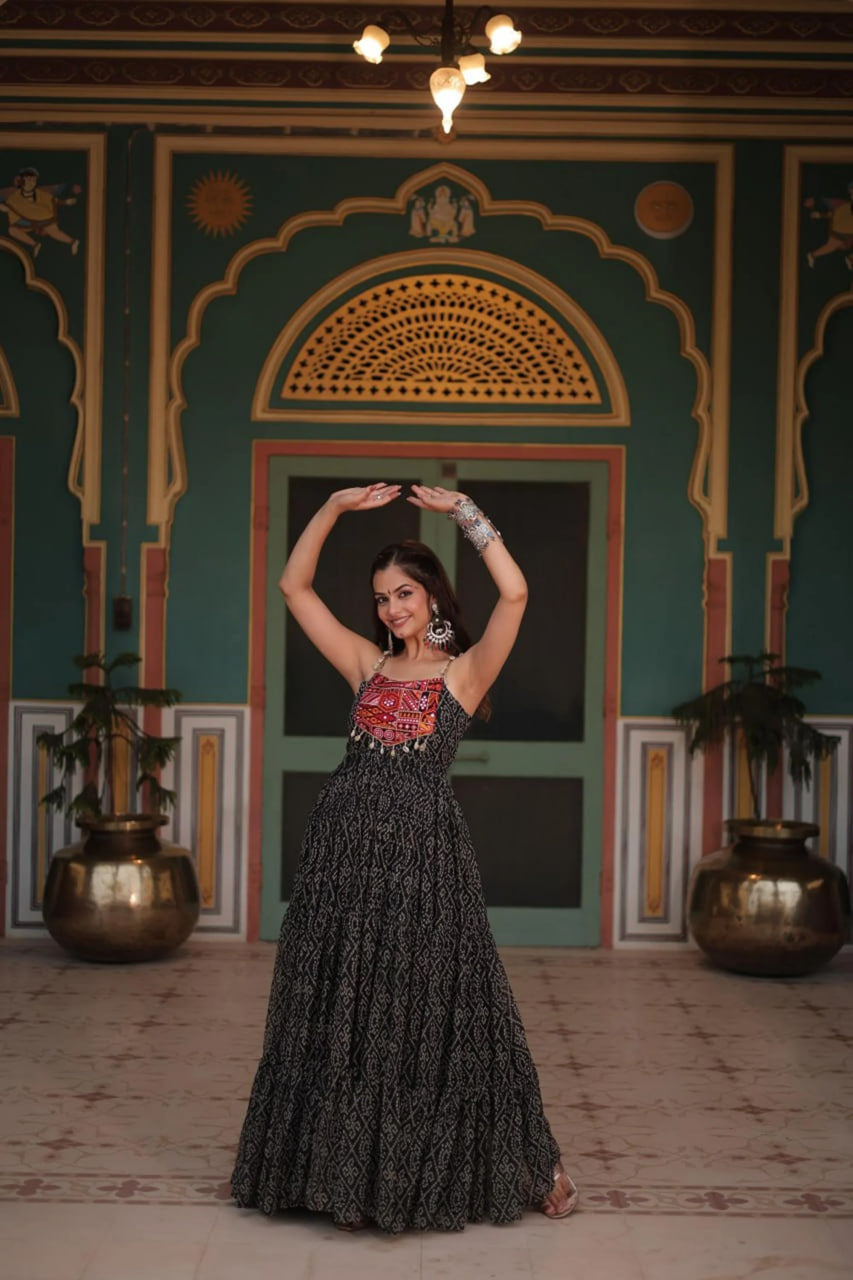 BLACK BANDHANI PRINT 12-METER FLARED GOWN