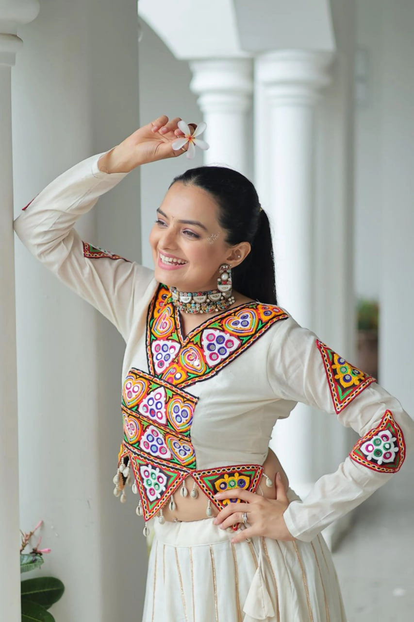 OFF WHITE KORA COTTON STITCHED CHANIYA CHOLI