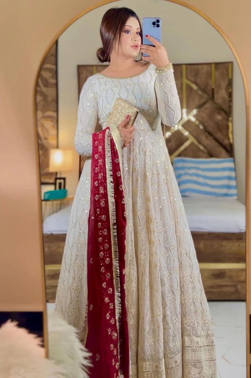 WHITE LUCKNOWI WORK ANARKALI GOWN SET