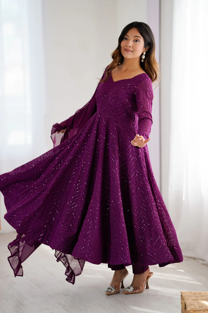 WINE COLOR LUCKNOWI WORK ANARKALI SUIT