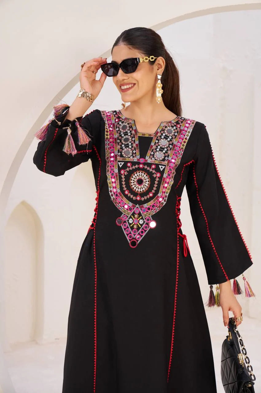BLACK ETHNIC MIRROR WORK PEPLUM SET WITH PALAZZO