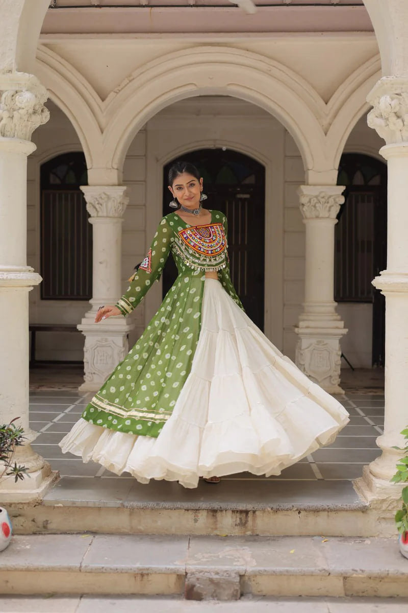 NAVRATRI SPECIAL GREEN COLOR KORA COTTON BASE STYLISH KURTI WITH LEHENGA
