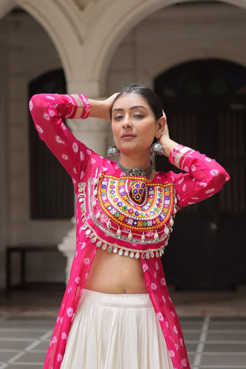 NAVRATRI SPECIAL PINK COLOR KORA COTTON BASE STYLISH KURTI WITH LEHENGA
