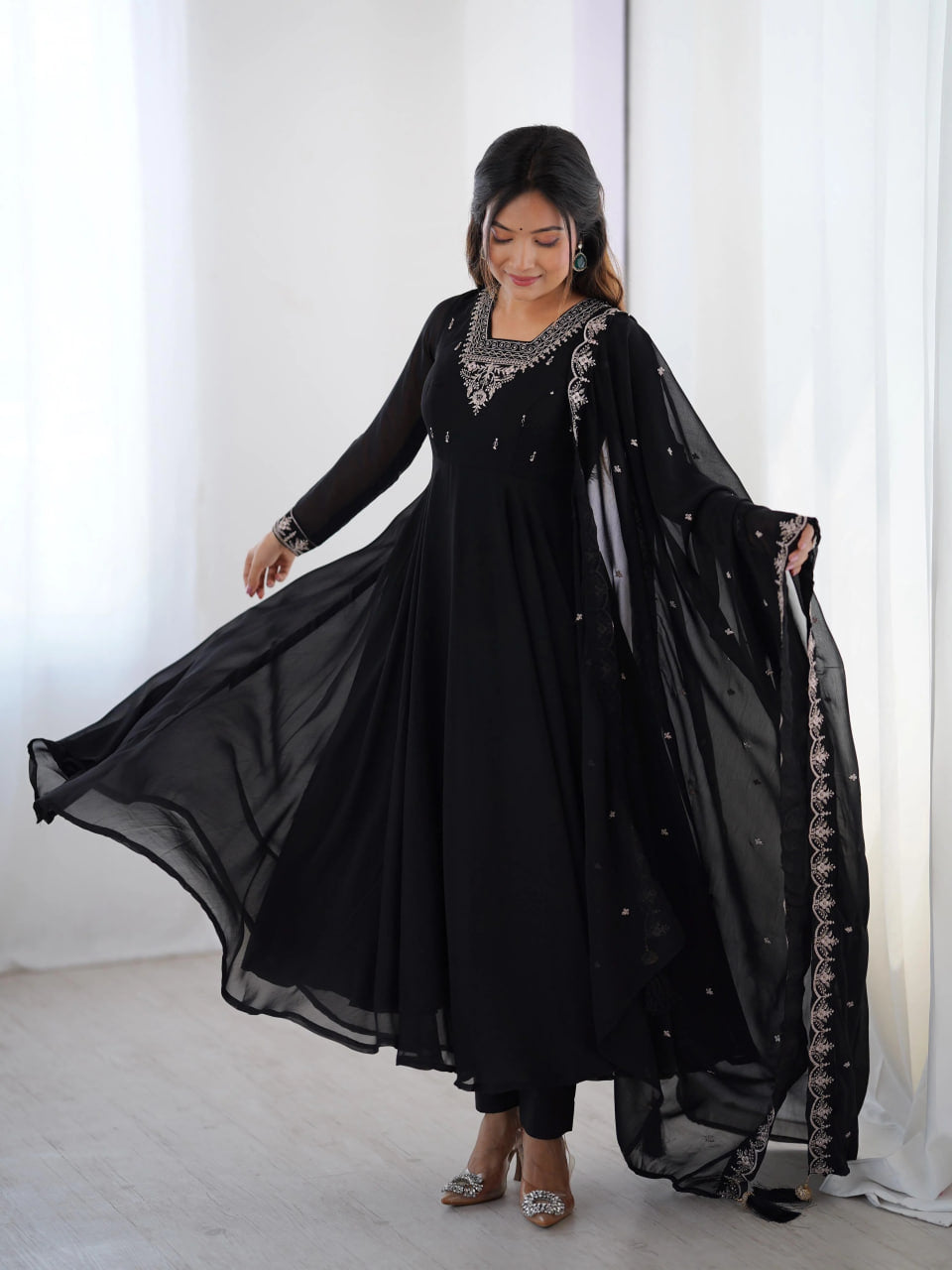 LUXURY BLACK FOX GEORGETTE ANARKALI SUIT WITH DUPATTA & PANT