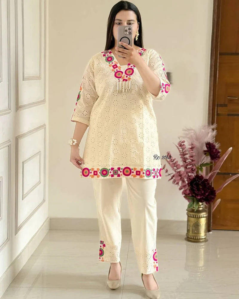 PURE KHADI COTTON SCIFFLI EMBROIDERED WORK CO-ORD SET