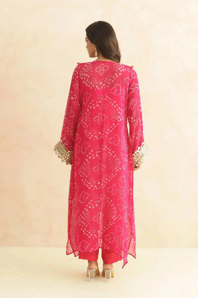 BANDHEJ PRINT MIRROR LACE WORK FUSION KURTI STYLE CO-ORD SET – TRENDY ETHNIC WEAR