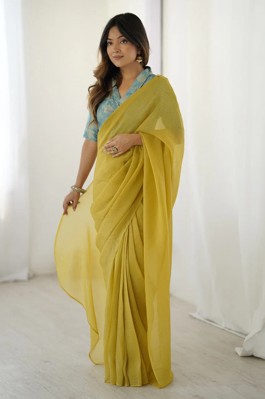 CHARMING BABY YELLOW SPARKLE SILK READY-TO-WEAR SAREE
