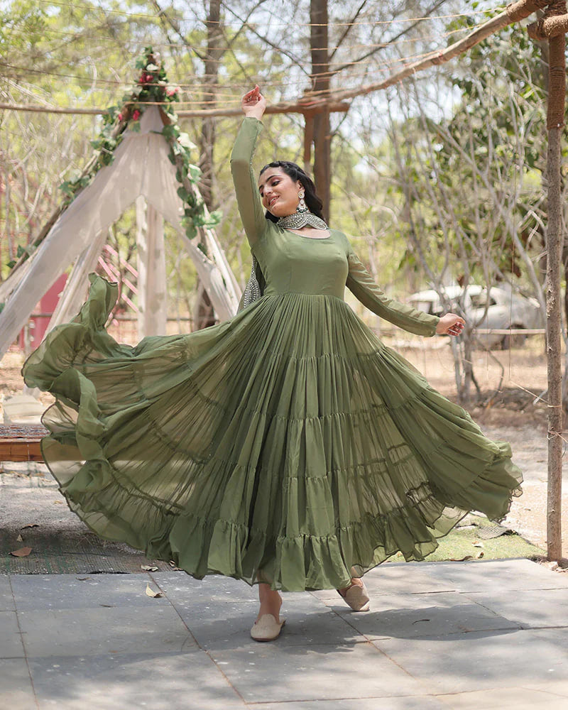 MEHNDI COLOR DESIGNER EMBROIDERED GOWN WITH DUPATTA