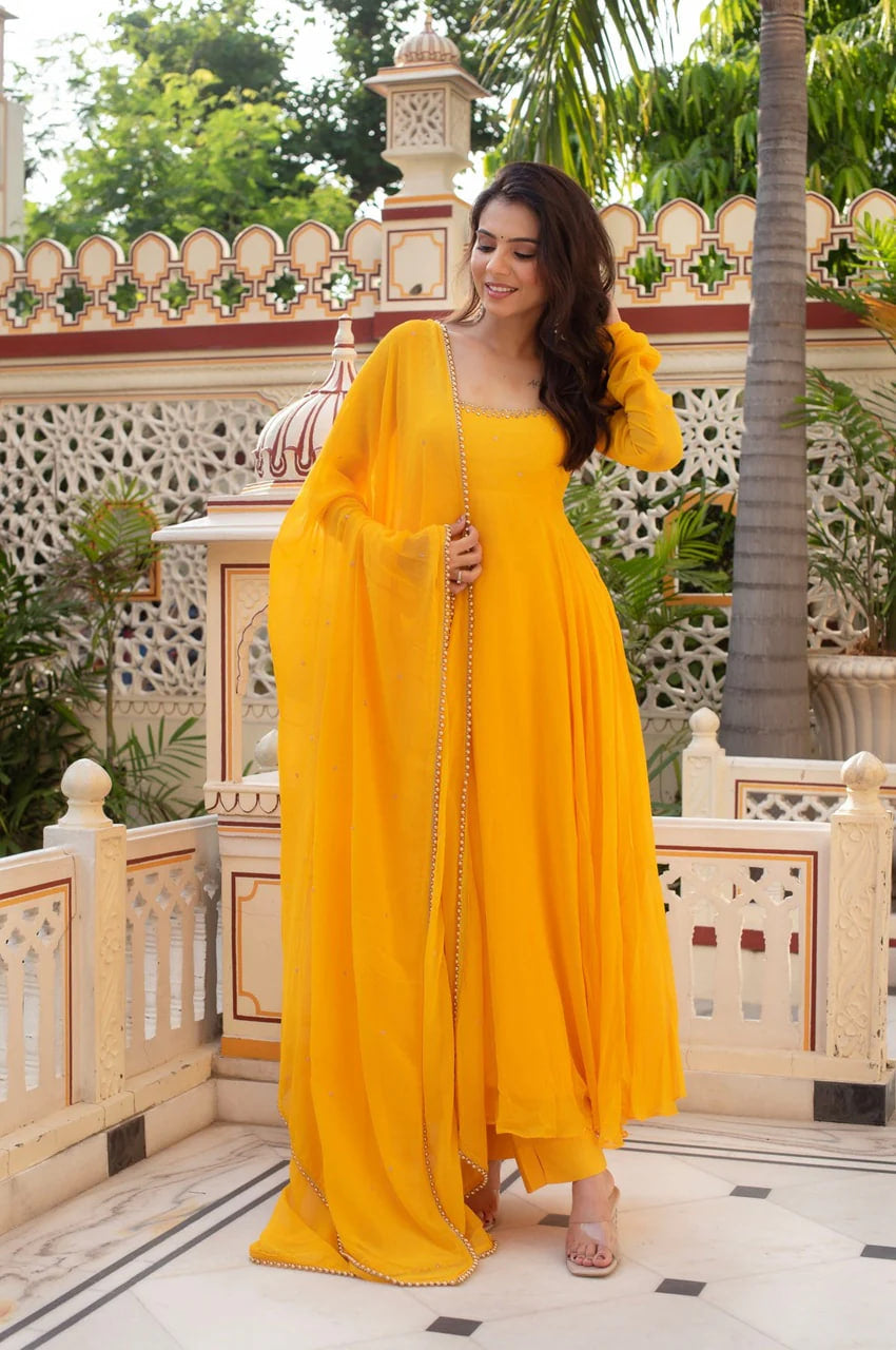 Mustard Yellow Hand-Worked Premium Anarkali Set
