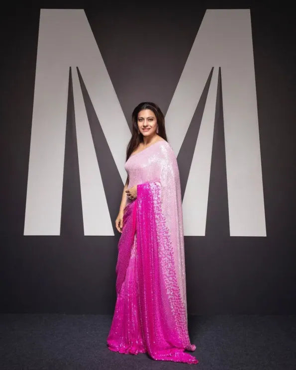 Kajol Devgan Bollywood Celebrity Sequence Pink Saree